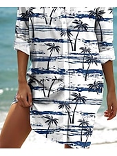 preiswerte Hawaiikleid-Damen Mini Kleid Hemd Kleid Grafisch Elegant Tropisch Stylisch Langarm Hemdkragen Lang Knöpfe Druck Weiß Sommer Frühling