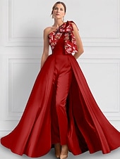 billiga GRÖN-Gröna byxdresser aftonklänning Elegant klänning Formell bröllop längd ärmlös En axel satin med rosett/rosetter slits broderi