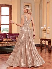 preiswerte Ballkleid-A-Linie Ballkleider Partykleid Abendparty Cocktailparty bodenlang ärmellos tiefer Ausschnitt Polyester mit Glitzer Kniefalten 2025