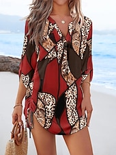 billige Ferie kjoler-Dame Mini kjole Sexy kjole Elegant kjole Elegant Normal Leopard Geometrisk Langermet V-hals Gul Rød Blå Grønn Høst