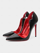 abordables Talons Aiguilles-talons hauts en cuir verni noir avec semelles rouges – bout pointu, talons aiguilles pour femmes – parfaits pour les tenues de soirée et les occasions spéciales