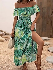 preiswerte Blumenkleider-Damen Midi Kleid Korsett Kleid Rüschens Kleid Off-the-Shoulder Kleid Urlaub Strand Urlaub Täglicher Regular Fit Grafik Kurzarm Off-Shoulder Gelb Hellgrün Himmelblau Orange Sommer