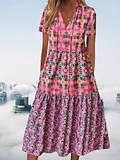 billiga Casual blommiga klänningar-Dam Midiklänning Vardagsklänning Boho-klänning Stylish Ledigt Semester Ledigt Dagligen Lös passning Blommig Kortärmad V-hals Rodnande Rosa Sommar Vår