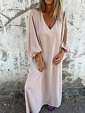 ieftine Rochii de Vacanță-Pentru femei Rochie Lunga Rochie Maxi Rochie casual Rochie Maxi Rochie de vară Stilat Casual Manșon de lanternă Vacanță Zilnic Dată Fit regulat Simplu Manșon Lung În V Roz Îmbujorat Roșu-aprins Kaki