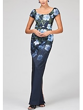 abordables BLEU-Robe de Soirée Colonne Imprimé Floral Marine Robe Élégante Robe de Mariage Invitée Formelle Longueur de Sol Manche Courte Col Bijou avec Paillettes Robe Invitée de Mariage