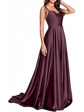 baratos Vestidos para Madrinhas-vestido de dama de honra linha A, alças finas, sem mangas, elegante, cauda curta, charmeuse, com frente aberta / franzido 2025