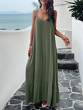 preiswerte Einfaches Kleid-Damen Maxi Kleid Strandkleid Slip Kleid Urlaub Strandurlaub Unifarben Lässig Täglich Lockere Passform Grafik Ärmellos Träger Schwarz Rot Himmelblau Grün Sommer