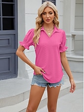 cheap Lace Tops-Women&#039;s Boho T-shirt Plain Bohemia Cute Stylish Short Sleeve Puff Sleeve V Neck Shirt Collar Regular Tops Daily Going out Weekend Ruffle Eyelet Sage Green Black White Pink Wine Summer