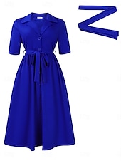 economico Sotto 129,99 $-Abito Madre della Sposa Abito Elegante Casual Collo Camicia Lunghezza Completa Poliestere Maniche Corte con Bottoni