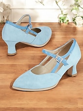 abordables Zapatos Mary Jane-Zapatos Mary Jane vintage azules con tiras en T para mujer: zapatos de tacón medio de gamuza con cierre de hebilla para uso retro, formal y diario