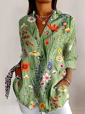 billige Blomstrete topper-Kvinners Skjorte Blomster Grafisk Daglig Stilig Retro Vintage 3/4 Lengde Ermer Skjortekrage Vanlige Topper Daglig Ferie Ute Knapper Gressgrønn Sommer Vår