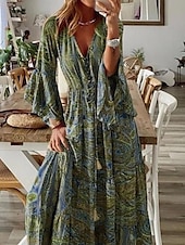 cheap Boho Dress-Women&#039;s Maxi Dress Casual Dress Swing Dress A Line Dress Boho Dress Casual Daily Regular Fit Floral Long Sleeve V Neck Red Blue Purple Orange Summer Spring Fall