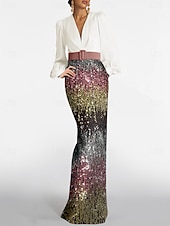 voordelige Roze-Zeemeermin  Trompet Avondjurk Elegante Jurk Formele Bruiloft Vloerlengte Lange Bubbelmouw Plunge Hals Riem  Sjerp Met Ombre Gesequinned Rok
