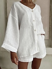 cheap Sets-Women&#039;s Fashion Streetwear Daily Shirt Linen-Inspired Sets Two Piece Sets Baggy Shorts Long Sleeve V Neck Plain Casual Daily Black White Blue Summer Regular Fit