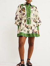 preiswerte Hawaiikleid-Damen Minikleid A Linie Kleid Sommerkleid Figurbetontes Kleid Kleid mit Puffärmeln Urlaub Cocktail Urlaub Täglich Regular Fit Blumen Graphic Langarm Kargen Grün Sommer