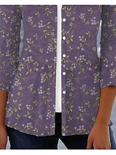 cheap Casual Floral Dresses-Women&#039;s Shirt Floral Basic 3/4 Length Sleeve Square Neck Regular Tops Daily Linen Like Print Purple Spring Fall
