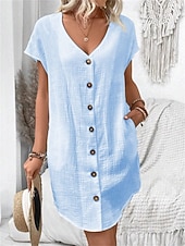 cheap Dresses-Women's Mini Dress Faux Cotton Linen Shift Dress Casual Dress Tank Dress Basic Casual Batwing Sleeve Casual Daily Vacation Loose Fit Plain Short Sleeve V Neck Black White Pink Green Summer Spring