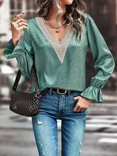 cheap Women&#039;s Plain Tops-Women&#039;s Shirt Blouse Solid Color Stylish Casual Long Sleeve V Neck Regular Tops Daily Lace Patchwork Black Green Summer Spring