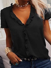 voordelige Vrouwen Werk Tops-Dames Overhemd Blouse Effen Kleur Casual Korte mouw V-hals Normale tops Dagelijks Ruche Zwart Wit blauw Groen Grijs Zomer