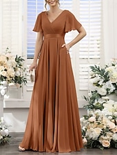 baratos Vestidos para Madrinhas-Linha A Vestido de Madrinha Decote V Manga Curta Elegante Longo Chiffon com Franzido 2022