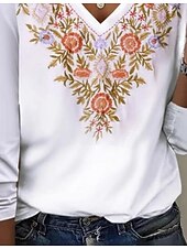 billige Boho t-skjorte-Dame T skjorte Blomstret Elegant Årgang Langermet Crew-hals Vanlige topper Daglig Trykt mønster Perle Vår Høst