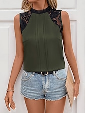 cheap Tank Tops &amp; Camis-Women&#039;s Camisole Tank Top Solid Color Casual Sleeveless Turtleneck Regular Tops Daily Lace Patchwork Navy Blue Green Gray Summer