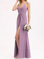 baratos Vestidos para Madrinhas-Vestido de Dama de Honra A-Line V Decote  Alças de Espaguete Sem Mangas Elegante Comprimento Longo Chiffon  Spandex  Shantung com Draping  Ruching  Bandagem