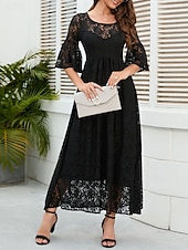 tanie Formalne zimowe-Damskie Sukienka midi Koronkowa sukienka Sukienka maxi Sukienka A line Elegancja Elegancki Codzienny Rozkloszowany rękaw Urlop Impreza Codzienny Regularny Równina Krótki rękaw Półgolf Czarny Wino