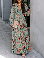 preiswerte Unter 129,99 $-Kleid Brautmutterkleid Elegantes Lässiges V-Ausschnitt bodenlang Polyester Langarm mit Knöpfen Hochzeitsgastkleid 2025