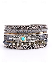 baratos Pulseira Feminina-Pulseira magnética de couro boho e turquesa - design ajustável em várias camadas com penas e pedras preciosas, perfeita para estilos casuais, de verão e festivais