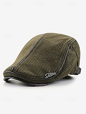 preiswerte Herrenhüte-Stylische schwarze Newsboy-Kappe für Herren mit Lederbesatz, atmungsaktivem Stoff, verstellbare Passform – lässiger Vintage-Flachhut für den Alltag und Outdoor-Aktivitäten