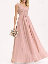 baratos Vestidos para Madrinhas-Linha A Vestido de Madrinha Decote V Sem Manga Elegante Longo Chiffon / Elastano com Pregas / Pregueado / Franzido 2022