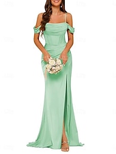 cheap Bridesmaid Dresses-A-Line Bridesmaid Dress Spaghetti Strap Sleeveless Elegant Floor Length Nylon with Split Front 2022