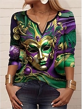 abordables T-shirt Art &amp; Design-Carnaval Femme T shirt Graphic Décontractées manche longue Col cranté Hauts réguliers du quotidien Imprimer Vert Eté Printemps Automne