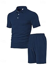 olcso Férfi pólószettek-Férfi Jacquardszövet Melegítő Pólóing és rövidnadrág Készlet Outfit készlet Hajtóka Szabadtéri Napi Sport Zseb Zsinór 2 db Sima Fekete Fehér Sötétkék Poliészter Sportruházat Klasszikus Alkalmi Nyár