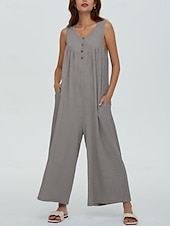 preiswerte lässige Overalls-Damen Normal Jumpsuit Aktiv Feste Farbe Ärmellos U-Ausschnitt Knopf Tasche Urlaub Täglich Regular Fit Schwarz Marineblau Blau Sommer