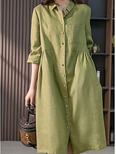 cheap Work Dresses-Women&#039;s Midi Dress Casual Dress Cotton Linen Dress A Line Dress Basic Casual Vacation Daily Regular Fit Plain 3/4 Length Sleeve Shirt Collar Pink Green Summer Spring Fall
