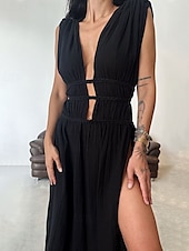 ieftine proiectează rochii din bumbac și in-Pentru femei Rochie Lunga Rochie Maxi Rochii inspirate din in Rochie în carouri Rochie casual Rochie de vară Modă În aer liber Concediu Dată Fit regulat Simplu Fără manșon În V Negru Maro Bej Var