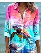billige hawaiiansk kjole-Kvinnens mini kjole skjortekjole Mini Kjoler Ombre Grafisk Dyre Elegant Tropisk Hawaiian Lange ermer Kjoler Krage Lang Knapper Print Himmelblå Sommer Vår