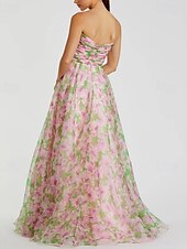 billiga Balklänningar-Rosa Blommig A-linjead Prom Klänningar Chiffon Elegant Formell Bröllop Klänning Gäst Golvlång Ärmlös Axelbandslös Bröllopsgästklänning