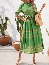ieftine Rochii casual florale-Pentru femei Rochie Lunga Rochie Maxi Rochie casual Rochie de vară Rochie Boho Modă În aer liber Concediu Dată Fit regulat Vopsire Lungime Manșon 3/4 Guler Cămașă Negru Alb Trifoi Vară Primăvară
