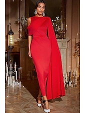 abordables Robes de cocktail-Robe cocktail fourreau  colonne Robe élégante invitée de mariage formelle longueur cheville sans manches cou bijou avec poche crêpe extensible avec châle
