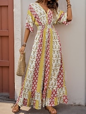 preiswerte Urlaubsoverall-Damen Normal Jumpsuit Urlaub Blumen 3/4 Ärmel V Ausschnitt Hohe Taillenlinie Urlaub Täglich Regular Fit Gelb Sommer