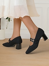 cheap Block Heels-Breathable Fly-knit Mary Jane Pumps with Double Buckle Detail and Chunky Heel, Elegant Style for Women, Ideal for Work, Events and Formal Occasions