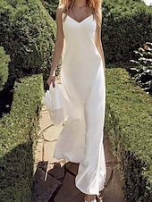 economico abiti da sposa casual-Spiaggia / Destinazione Abiti da sposa Linea-A A V Senza maniche Lungo Raso Abiti da sposa Abiti da sposa Con Tinta unita 2025