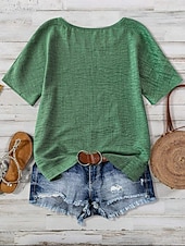 cheap Floral Tops-Women&#039;s Shirt Floral Casual Half Sleeve Crew Neck Regular Tops Work Daily Linen Like Buttons Print Green Spring Fall Winter
