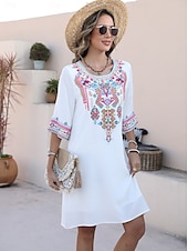 cheap Casual Dress-Valentine&#039;s Day Women&#039;s Normal Mini Dress Boho Chic Dresses A Line Dress Bohemia Stylish Classic Elbow Sleeve Vacation Party Casual Form Fit Floral Plain 3/4 Length Sleeve Crew Neck Black White Summer