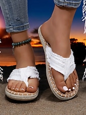 preiswerte Urlaubsandalen-blaue Flip-Flops mit ausgefransten Riemen für Damen – bequeme, lässige Strandsandalen mit Espadrille-Sohle – perfekt für den Sommerurlaub