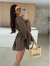 olcso Fehér alkalmi ruhák-Női Mini ruha hétköznapi ruha Tavaszi ruha Elegáns Hétköznapi Napi Normál Tömör szín Hosszú ujj V-alakú Fekete Fehér Arcpír rózsaszín Rubin Ősz