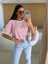 billige Plain t-skjorte-Bluse Dame Hvit Rosa Rød Stribe Printer Daglig Elegant Rund Normal S